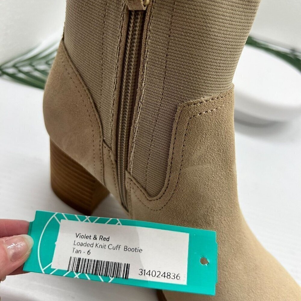 Violet & Red Tan Loaded Knit Cuff Round Toe Stacked Heel Bootie Size 6 NWOB - Picture 12 of 12